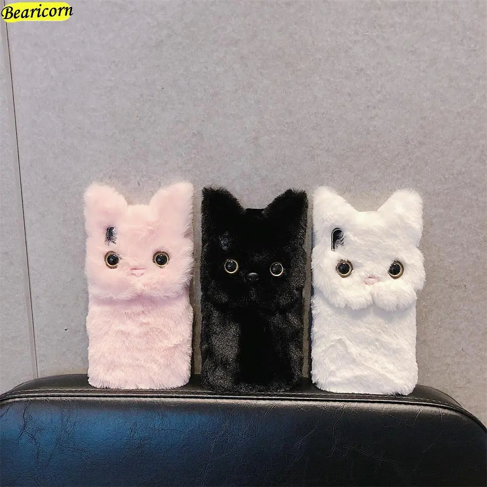 Soft Plush Phone Case For Samsung Galaxy S22 S21 S20 FE S10 S9 S8 Plus S7 S6 edge 5G 3D Simulation Cat Eyes Furry Fur Hair Cover