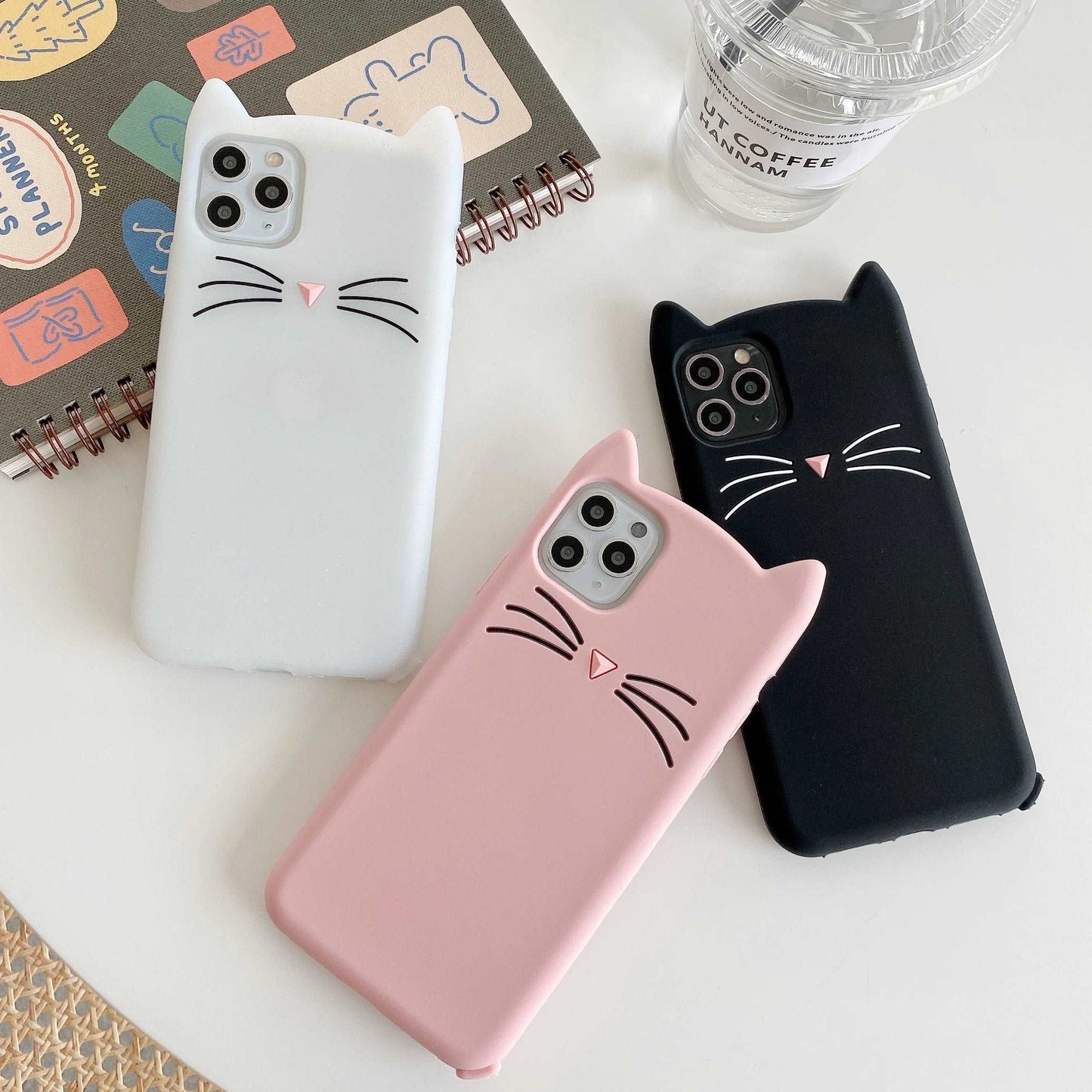 Bearded cat 3D Cartoon Cat ears silicone Cover For iphone 14 13 12 mini 11 Pro Phone Case X XR XSMAX 6 6s 7 8 Plus Soft Pendants
