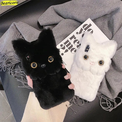 Soft Plush Phone Case For Samsung Galaxy S22 S21 S20 FE S10 S9 S8 Plus S7 S6 edge 5G 3D Simulation Cat Eyes Furry Fur Hair Cover