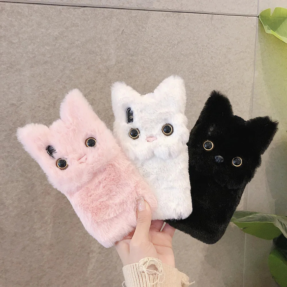 Winter Warm Plush Phone Case For iPhone 14 XS XR X 13 12 11 Pro Max Cat Furry fluffy Fur Cover For iPhone 6 6S 7 8 Plus Cases