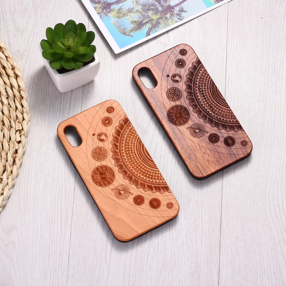 Real Bamboo Engraved Cosmic Space Mandala Wood Phone Case Funda For iPhone 14 14ProMax 14Plus 13Promax 13 12 11