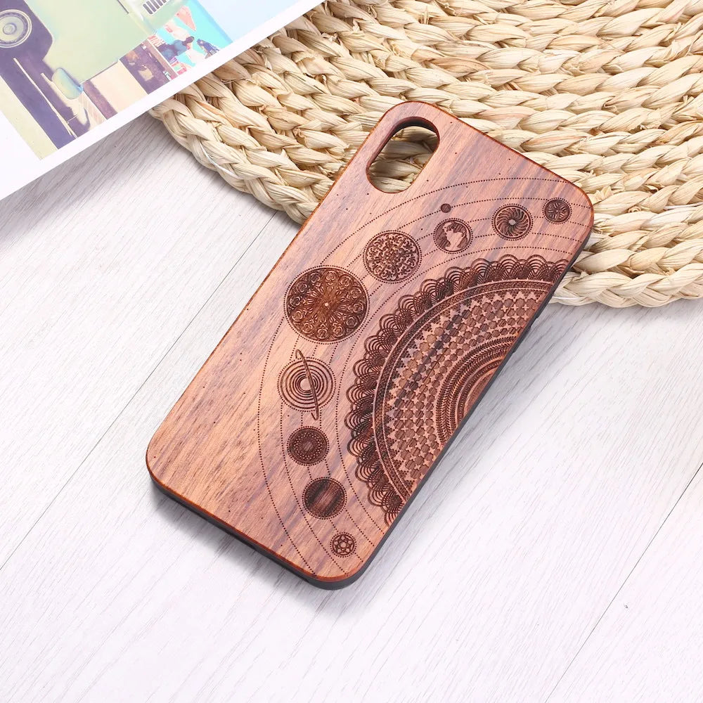 Real Bamboo Engraved Cosmic Space Mandala Wood Phone Case Funda For iPhone 14 14ProMax 14Plus 13Promax 13 12 11