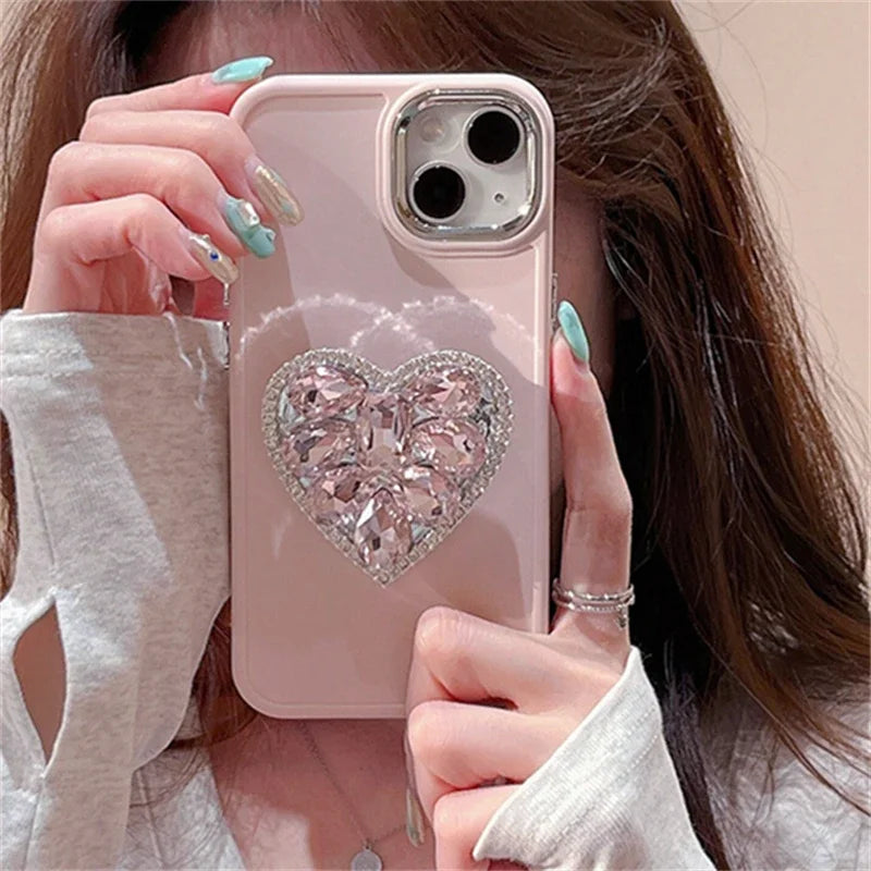 Cute Pink Diamand Love Stand Phone Case Suitable for iPhone 15, 14, 12, 13, 11 Pro Max Easy Stand Soft Silicone Cover