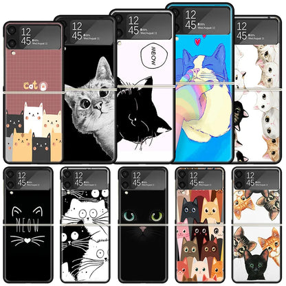 Cat Cute Kitten Cartoon Shockproof Hard Case For Samsung Galaxy Z Flip 4 5 3 5G Phone Cover Z Flip3 Flip4 Flip5 Black Fundas She