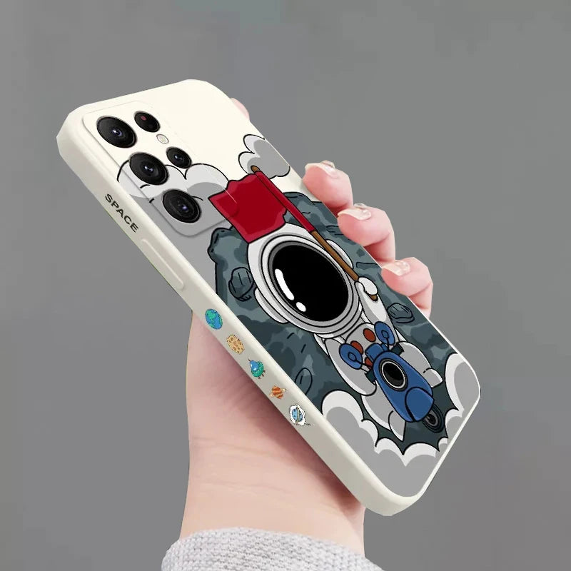 Cartoon Astronaut Square Silicone Case For Samsung Galaxy S24 S23 Ultra S22 Plus S21 FE Note 20 A32 A52 A13 A33 A34 A54 5G Cover