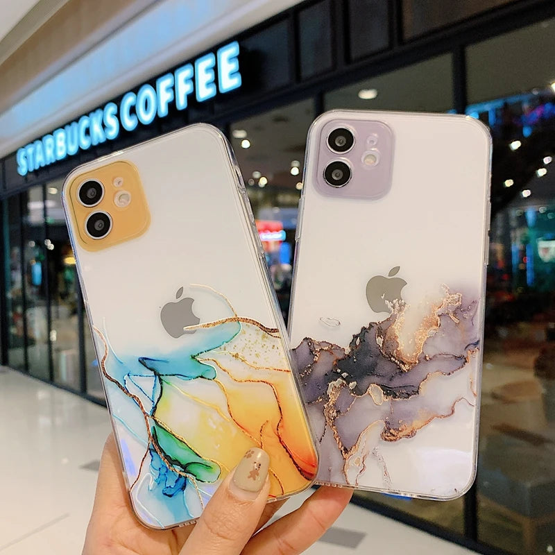 Watercolor Painting Phone Case For iPhone 15 14 13 Pro Max 12 Mini 11 X XR XS 7 8 Plus SE 2020 Marble Clear Soft Cover