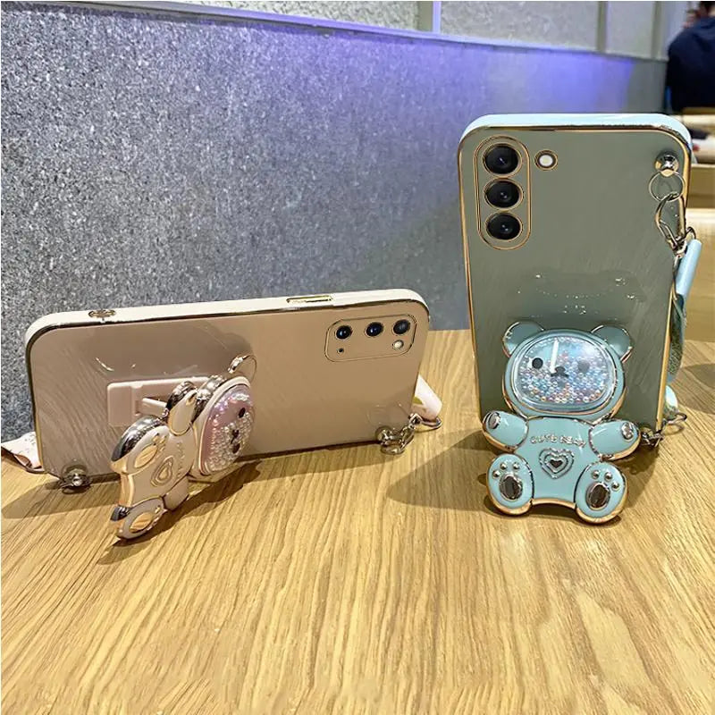 Quicksand Bear Holder Lanyard Phone Case For Samsung Galaxy S23 S21 S20 S22 S10 Note 10 20 23 Plus Ultra S21Fe Strap Stand Cover