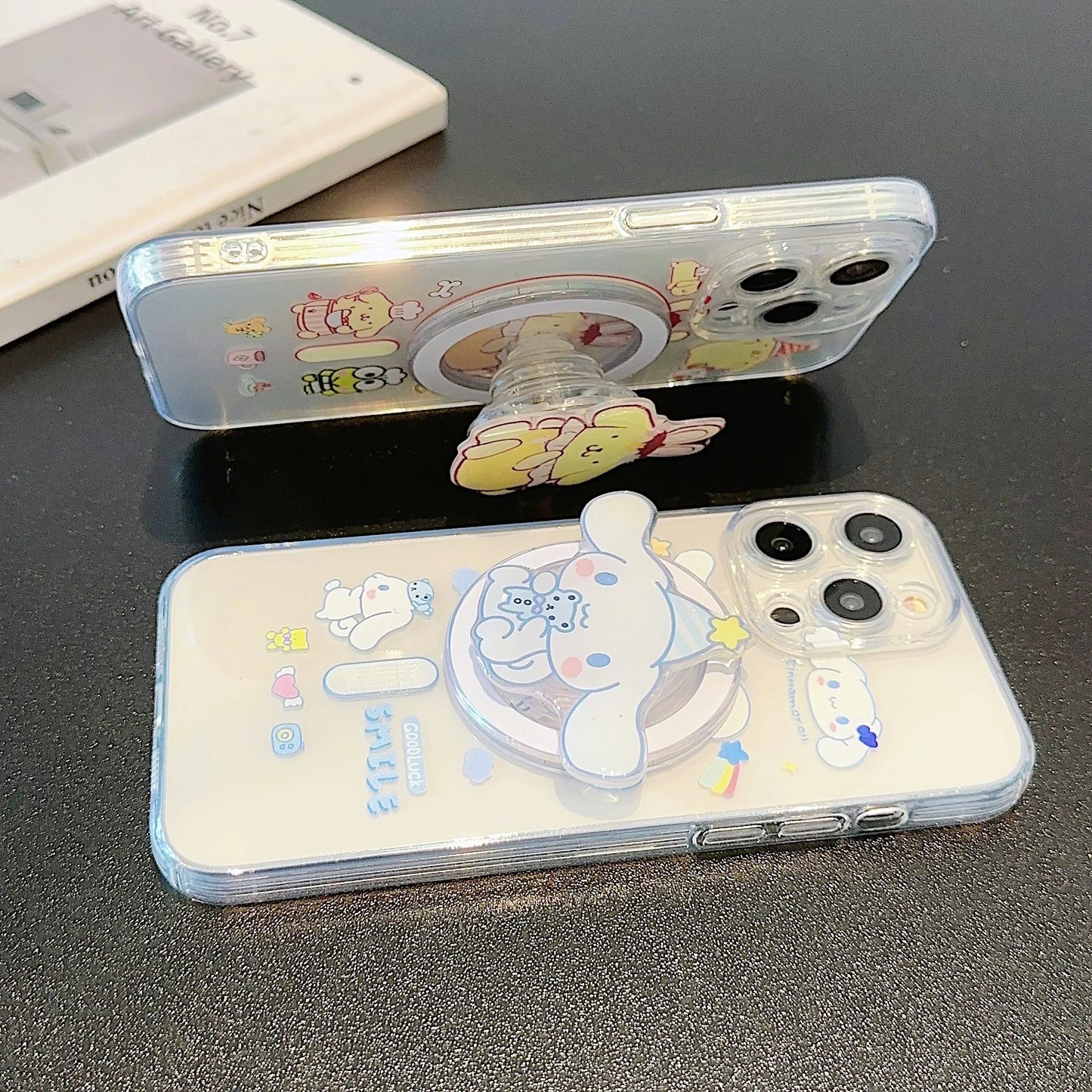 Cute Cartoon Cinnamoroll PomPom Purin for Magsafe Magnetic Bracket Phone Case For iPhone 16 15 14 13 12 11 Pro Max Clear Cover