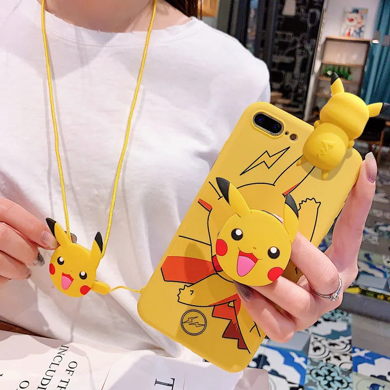 For iPhone 6 6s 7 8 X Xs Max XR 11 12 13 14 15 Pro Max SE Pokemon Pikachu Phone Case With Holder Rope