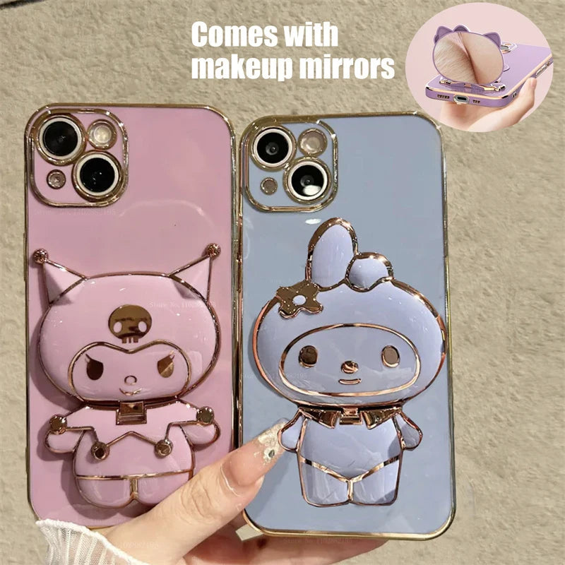 Kuromi My Melody Mirror Holder Case For Samsung Galaxy S23 Ultra S22 S21 S20 FE S10 Note 20 10 Plus A24 A34 A54 Plating Cover