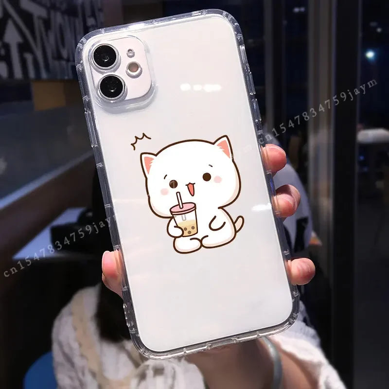 Cute Peach Mochi Cat Couple Phone Case For iPhone 12 11 Pro MAX 13 XS XR 7 15 X 14 8Plus Lover Pairs Shockproof Soft Cover Shell