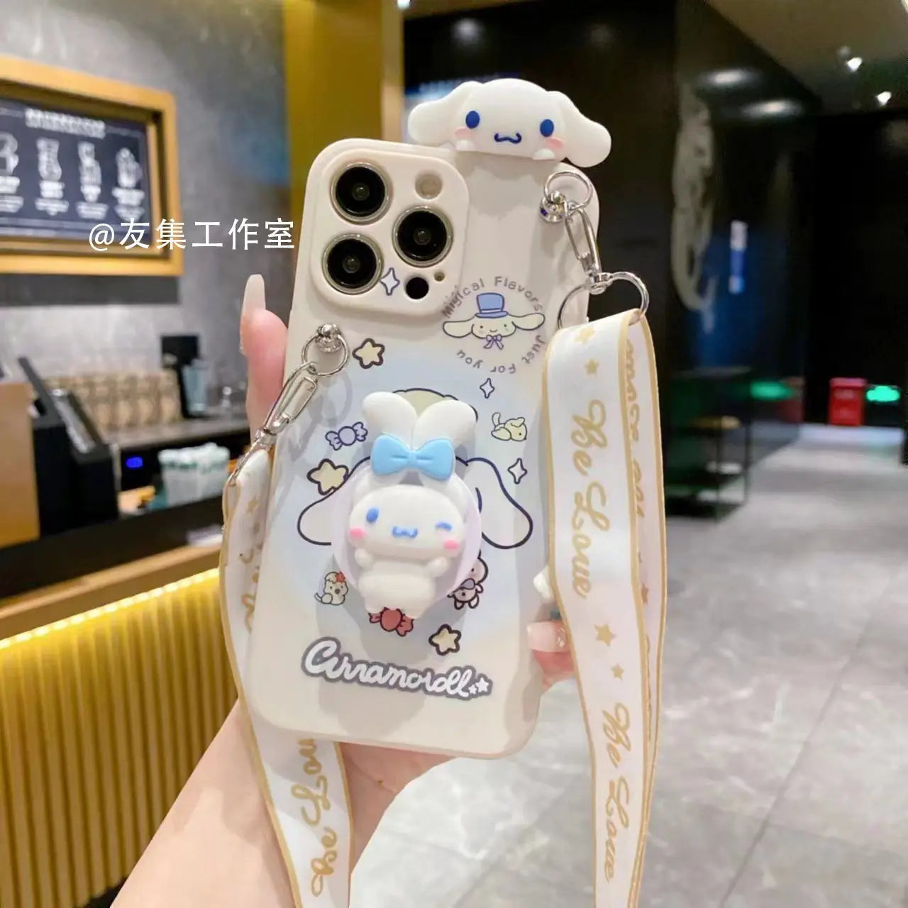 Sanrio Cinnamoroll With Lanyard Holder Phone Cases For iPhone 15 14 13 12 11 Pro Max Mini XR XS MAX 8 X 7 SE Plus Silicone Cover