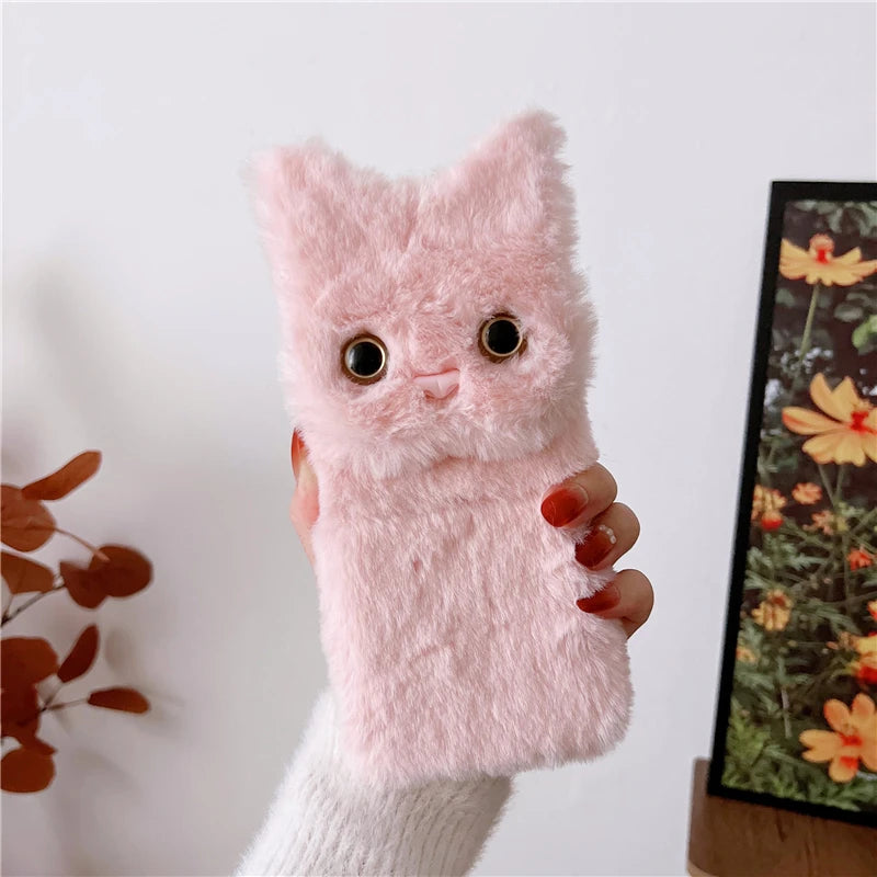 3D Cute Cat Funny Fur Fluffy Soft Phone Case for Samsung Galaxy Z Flip 4 3 2 1 Zflip Flip4 Flip3 5g Girl Plush Cover Accessories