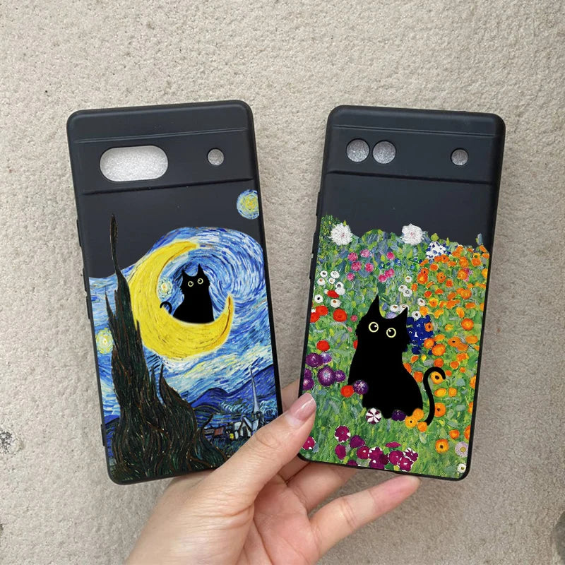 Phone Case for Google Pixel 7a 6 6a 5G 7 Pro 8 8Pro Case Cute Silcone  Retro Oil Painting Van-Gogh Cat Fundas