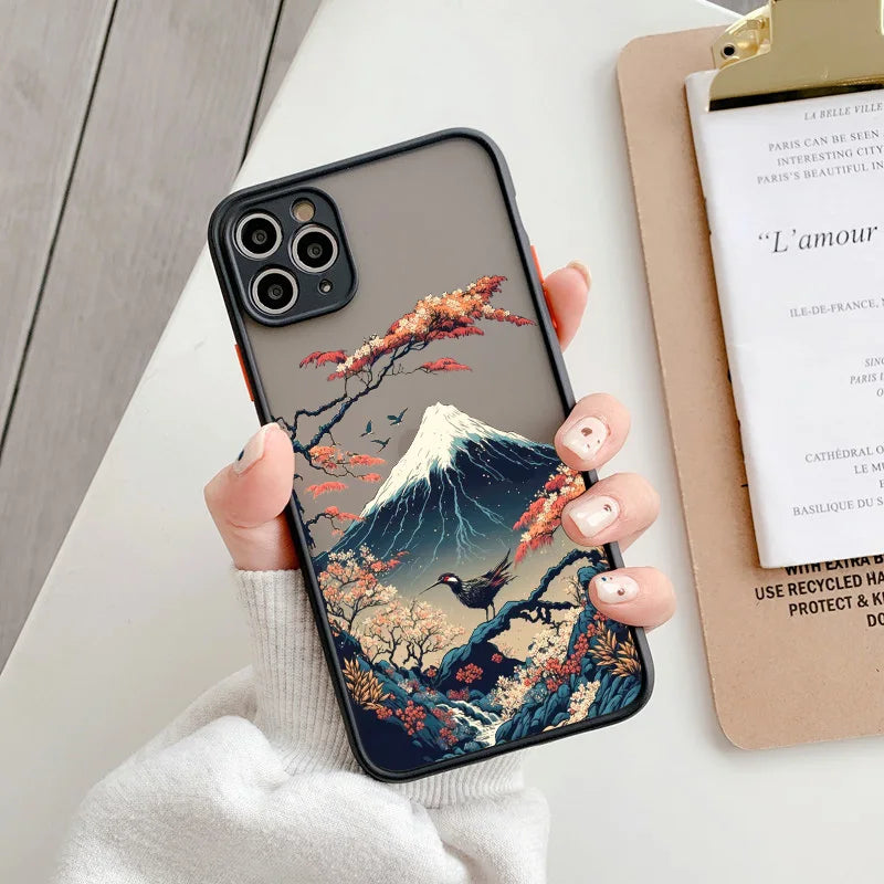 Japanese Aesthetic Mount Fuji Landscape Map Phone Case For iPhone 7 8 Plus 14 13 12 11 15 Pro Max Mini XR XS X Shockproof Cover