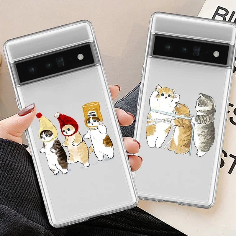 Funny Cartoon Cat Phone Case for Google Pixel 6 6A 5G 8 8 Pro 7 Pro 7A Cute Animal Pattern Clear Soft TPU Cover Fundas Shell