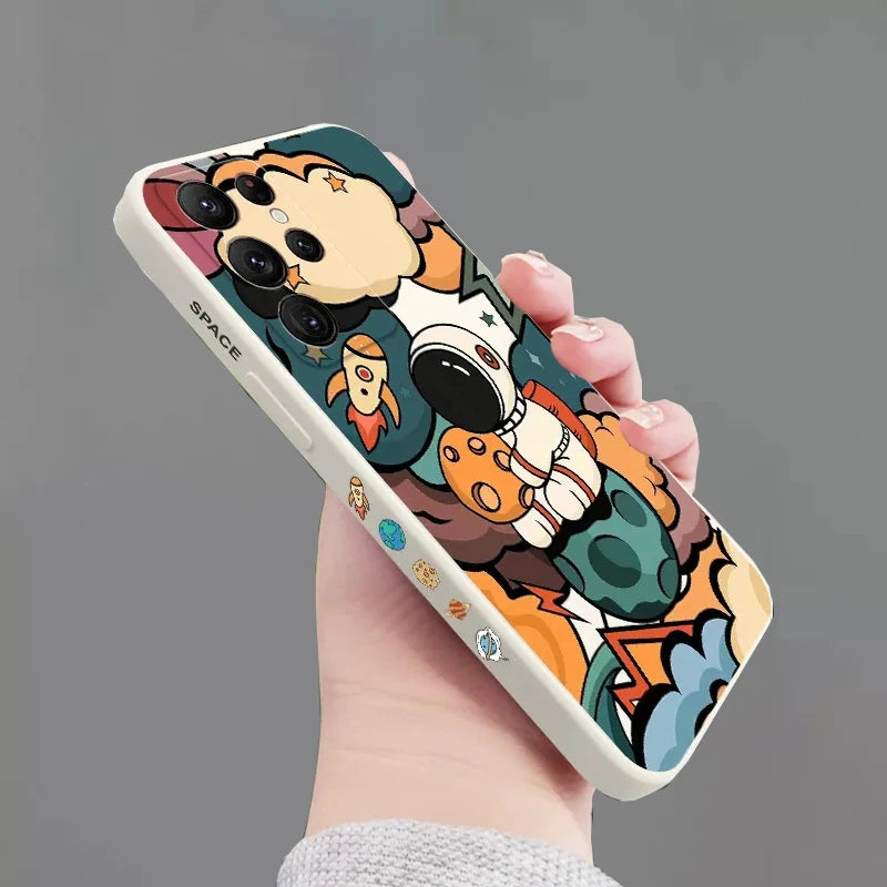 Cartoon Astronaut Square Silicone Case For Samsung Galaxy S24 S23 Ultra S22 Plus S21 FE Note 20 A32 A52 A13 A33 A34 A54 5G Cover