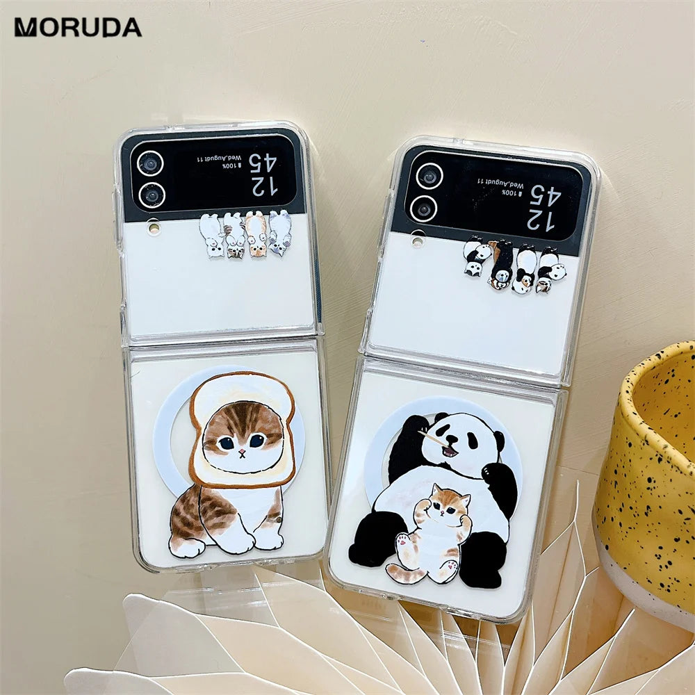 Cute Panda Case For Samsung Z Flip 5 4 3 Lovely Cat Magsafe Cover For Galaxy Z Flip5 Z Flip 4 3 PC Hard Shockroof Clear Cover