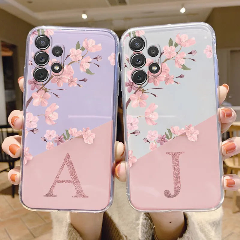 Initial Letter Case For Samsung A32 4G Capa A32 5G Fashion Phone Cover Pink Flowers Alphabet Transparent Funda For Samsung A32