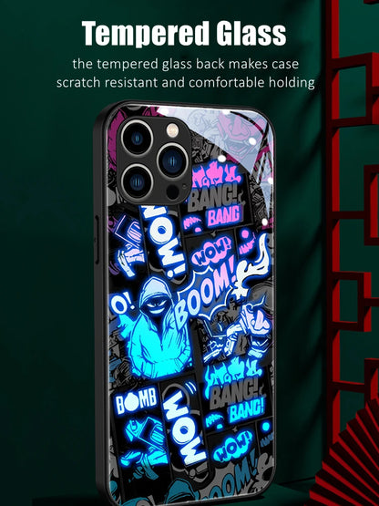Pop Art LED Light Glowing Luminous Flexible Border Glass Phone Case for iPhone 11 12 13 14 15 X Xs Xr Mini Pro Max Plus Cover