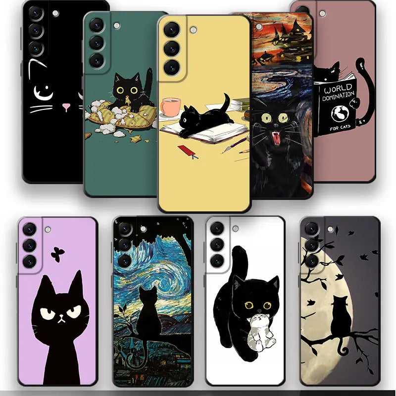 Black Cat Cartoon Cute Black Soft Case for Samsung Galaxy S21 Plus S22 Ultra 5G S10 S20 FE S9 S8 S7 Edge S10e Bumper Cover