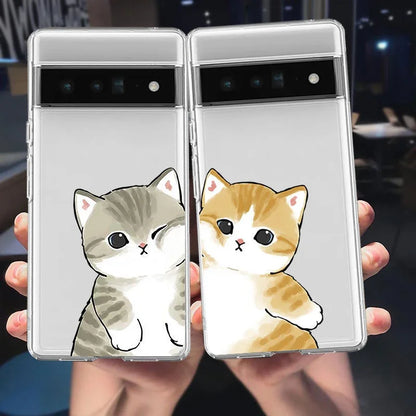 Plain Lovers Pairs Cartoon Cat Pattern Transparent Cover Phone Case Skin for Google Pixel 6 6A 5G 7 8 Pro 7A Bear Fundas Coque