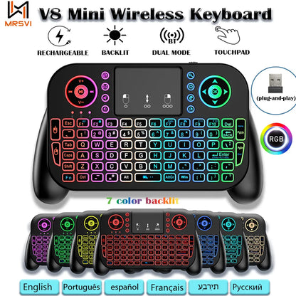 V8 2.4G Mini Wireless Keyboard  7 Backlit  Spanish Portuguese Bluetooth  Air Mouse Remote Control Touchpad for Android TV  Box