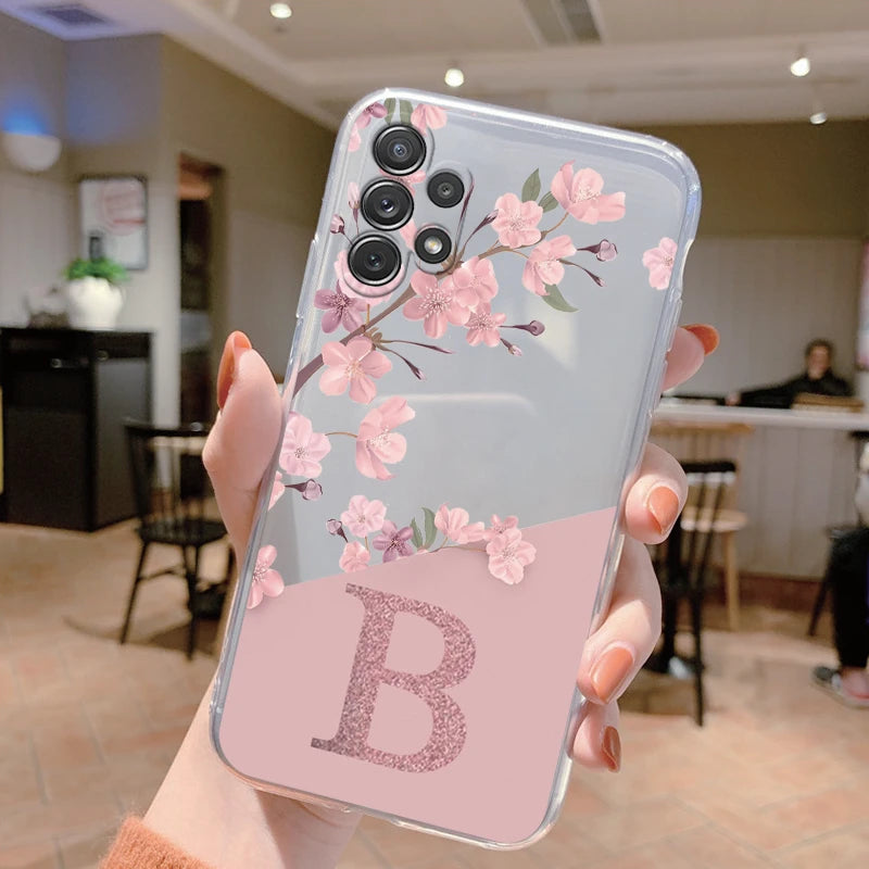 Initial Letter Case For Samsung A32 4G Capa A32 5G Fashion Phone Cover Pink Flowers Alphabet Transparent Funda For Samsung A32