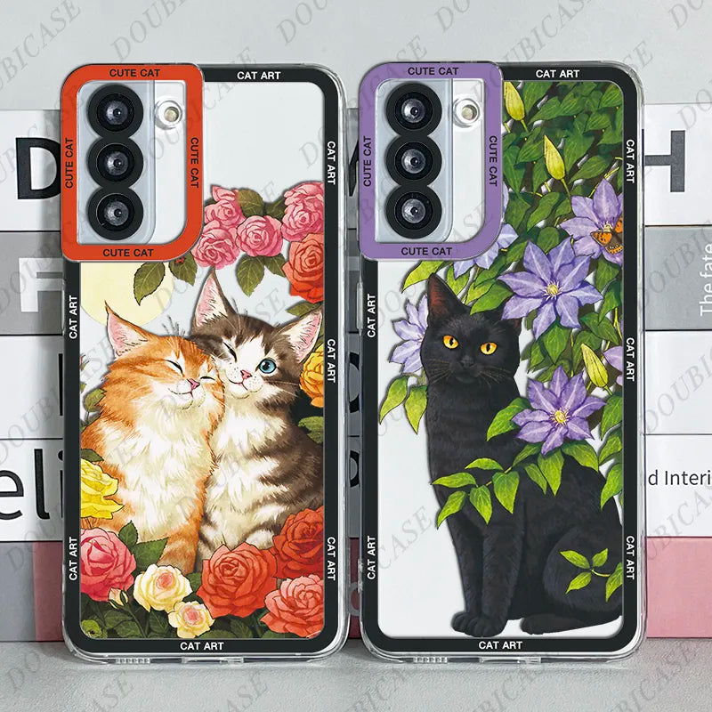 Case For Samsung Galaxy S20 S21 S22 S23 Fe Plus Ultra A13 A14 A51 A52 A54 A73 5G Cute Cat Art Funda Cover