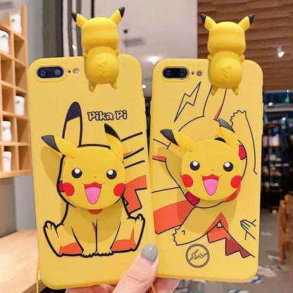 For iPhone 6 6s 7 8 X Xs Max XR 11 12 13 14 15 Pro Max SE Pokemon Pikachu Phone Case With Holder Rope