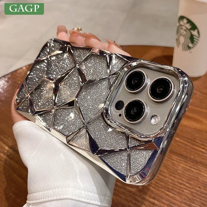 Luxury Girl's Phone Case for iPhone 15 14 13 12 11 Pro Max Plus Glitter Bling 3D Cube Diamond Marble Soft TPU Shockproof Cover