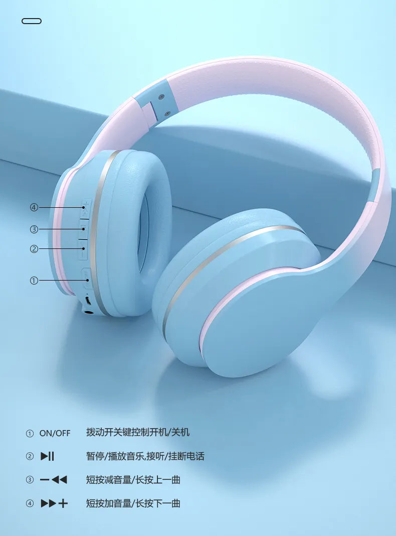 Headset Bluetooth Headphone Wireless Music  Gradient Color with Mic Gamer Earphone Kids Lovely Christmas Gifts