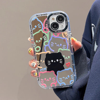 Plating Mirror Painted Lines Cute Cat Phone Case For iPhone 14 13 11 12 15 Pro Max Soft Bumper Silicone Hard Cover Capa