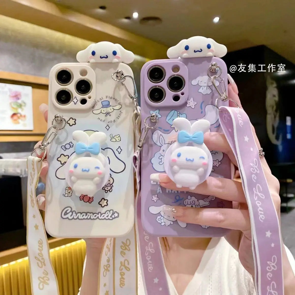 Sanrio Cinnamoroll With Lanyard Holder Phone Cases For iPhone 15 14 13 12 11 Pro Max Mini XR XS MAX 8 X 7 SE Plus Silicone Cover