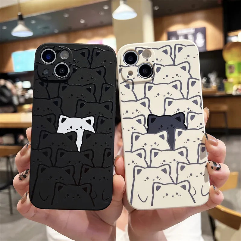 Cute Cartoon Cat Phone Cover For iPhone 11 12 13 14 15 Pro XS Max X XR 7 8 14 15 Plus Candy Color Soft Couple Silicone TPU Case