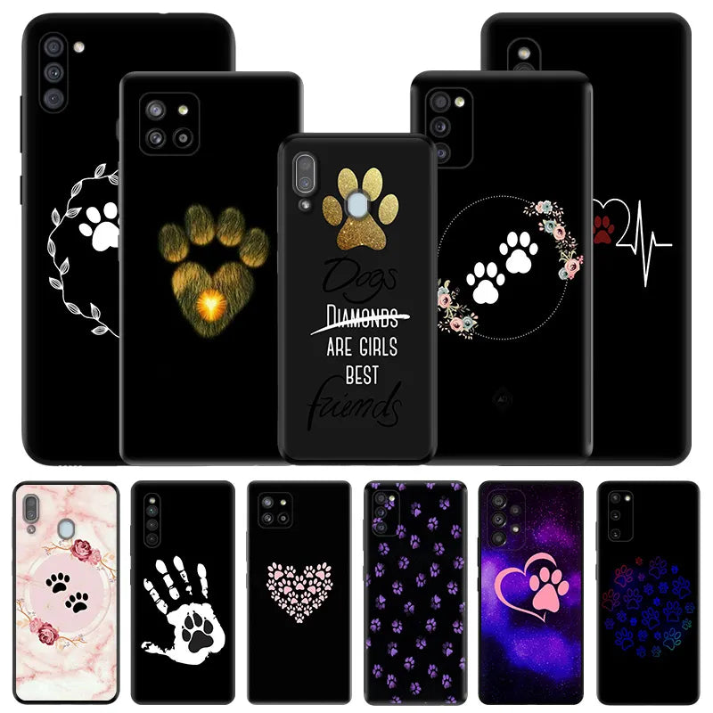 Cute Pink Dog Paw Silicone Black Phone Cases for Samsung Galaxy A54 5G A04 A03 A34 A01 A02 A50 A70 A40 A30 A20 S A10 E Cover