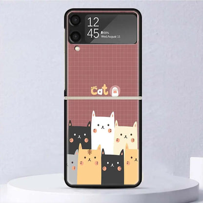 Cat Cute Kitten Cartoon Shockproof Hard Case For Samsung Galaxy Z Flip 4 5 3 5G Phone Cover Z Flip3 Flip4 Flip5 Black Fundas She