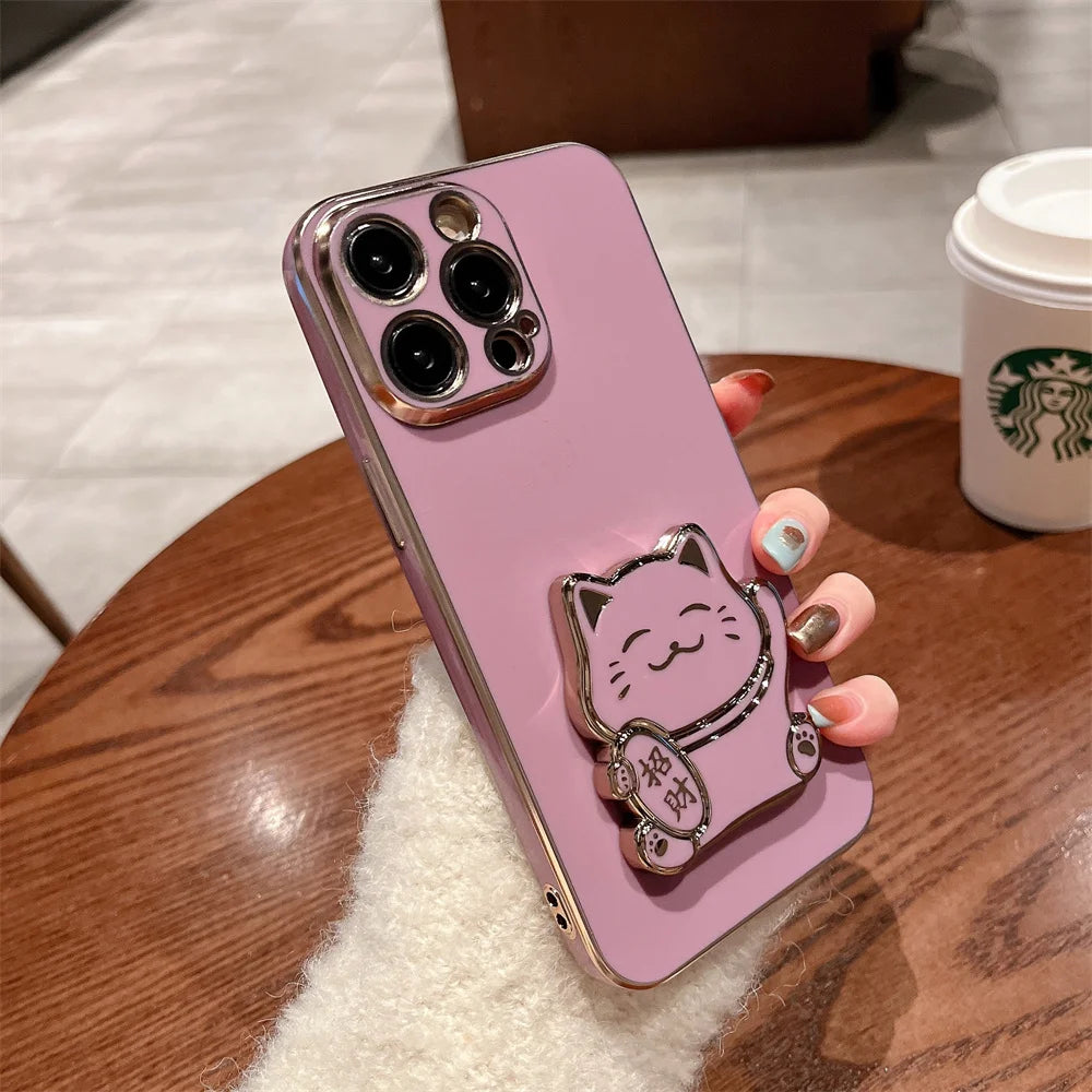Lucky Cat Folding Stand Silicone Phone Case for iPhone 15 14 13 12 11 Pro Max Mini 7 8 Plus XR X Xs Max Luxury Plating Soft Case
