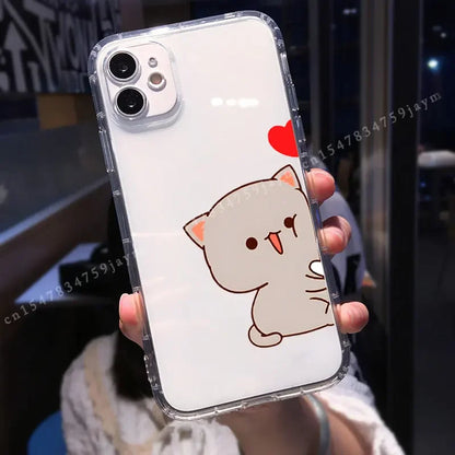 Cute Peach Mochi Cat Couple Phone Case For iPhone 12 11 Pro MAX 13 XS XR 7 15 X 14 8Plus Lover Pairs Shockproof Soft Cover Shell