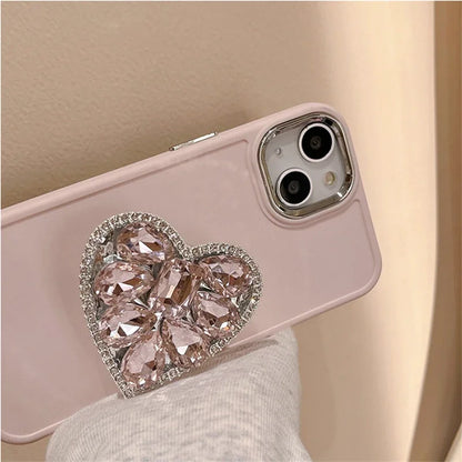 Cute Pink Diamand Love Stand Phone Case Suitable for iPhone 15, 14, 12, 13, 11 Pro Max Easy Stand Soft Silicone Cover