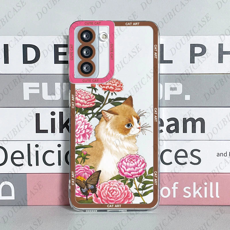 Case For Samsung Galaxy S20 S21 S22 S23 Fe Plus Ultra A13 A14 A51 A52 A54 A73 5G Cute Cat Art Funda Cover