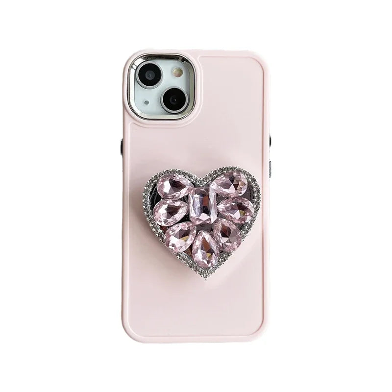 Cute Pink Diamand Love Stand Phone Case Suitable for iPhone 15, 14, 12, 13, 11 Pro Max Easy Stand Soft Silicone Cover