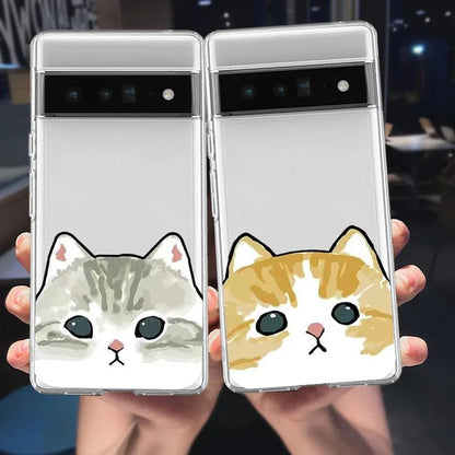 Phone Case for Google Pixel 8 7a 7Pro 7 6a 6 6Pro 5G Transparent Clear Cute Plain Lovers Pairs Cartoon Cat Pattern Cover Fundas