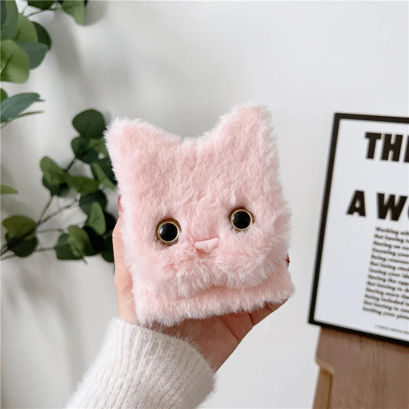 3D Cute Cat Funny Fur Fluffy Soft Phone Case for Samsung Galaxy Z Flip 4 3 2 1 Zflip Flip4 Flip3 5g Girl Plush Cover Accessories