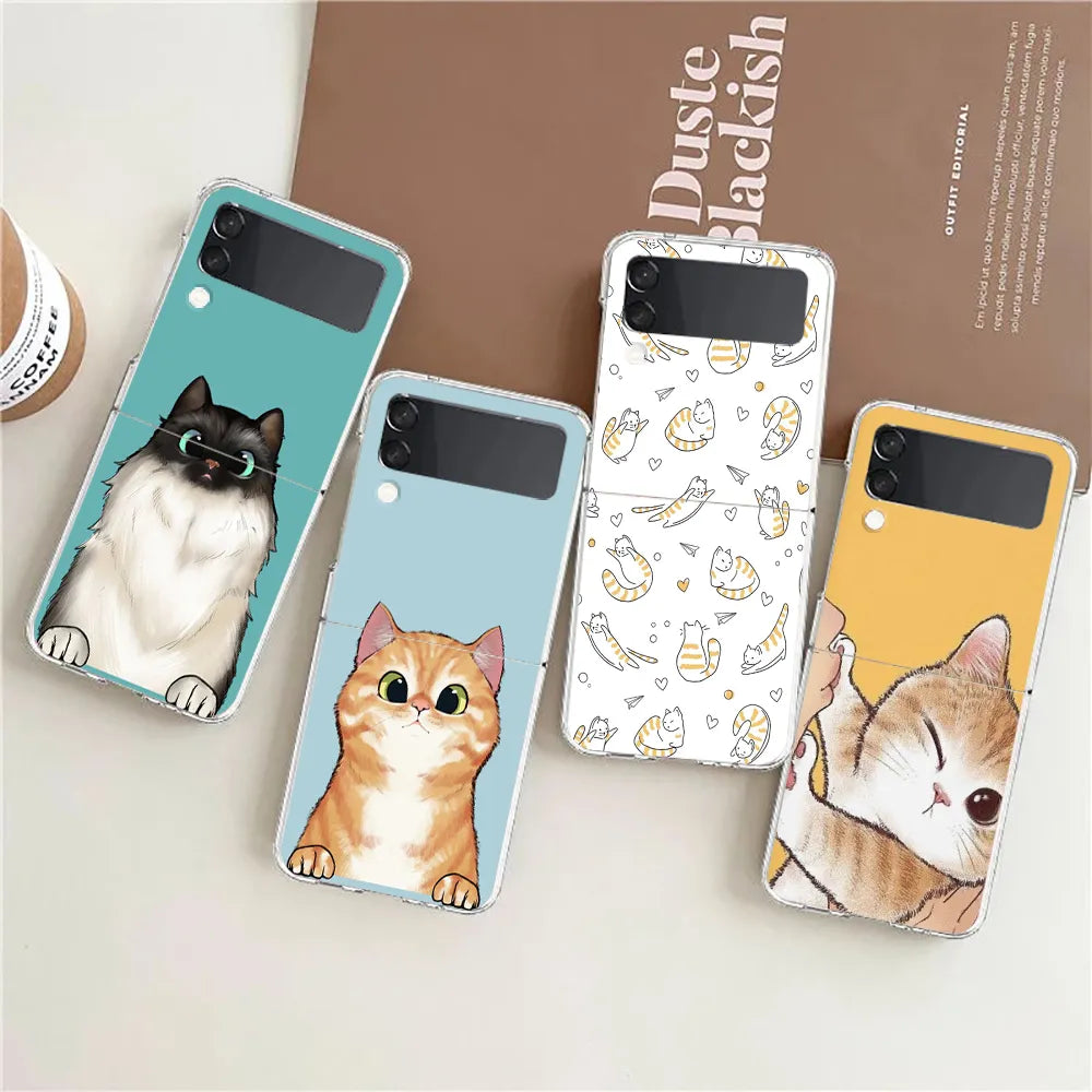 Cat Cute Kitten Cartoon For Samsung Galaxy Z Flip 3 4 5G Hard Folding Clear PC Phone Case For Samsung Z Flip3 Back Cover Bumper