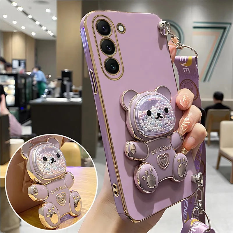 Quicksand Bear Holder Lanyard Phone Case For Samsung Galaxy S23 S21 S20 S22 S10 Note 10 20 23 Plus Ultra S21Fe Strap Stand Cover