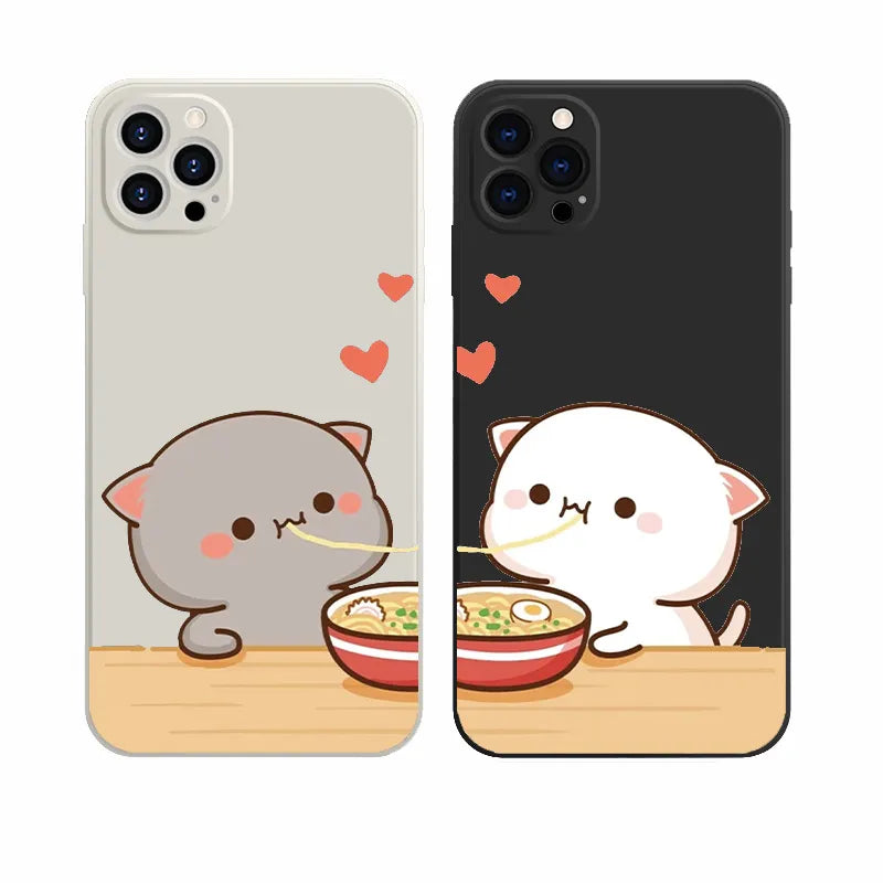 Cartoon Funny Cat Paired Couple Phone Cases for iPhone 15 11 13 12 14 Pro Max 13Mini XR SE 15 14 Plus Lovers Covers Fundas Bags