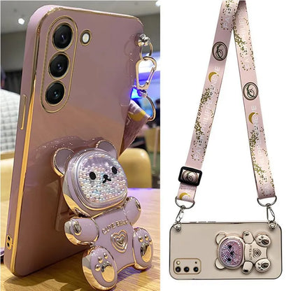 Quicksand Bear Holder Lanyard Phone Case For Samsung Galaxy S23 S21 S20 S22 S10 Note 10 20 23 Plus Ultra S21Fe Strap Stand Cover