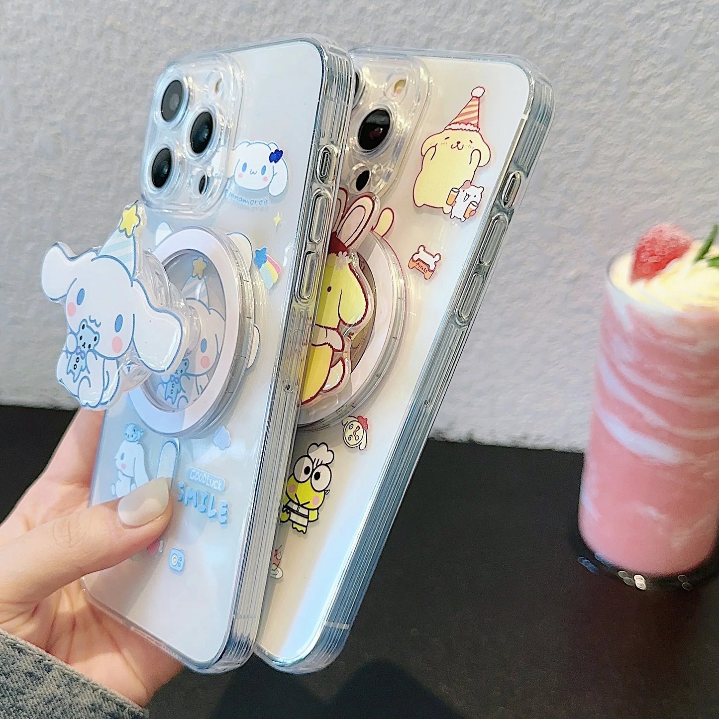 Cute Cartoon Cinnamoroll PomPom Purin for Magsafe Magnetic Bracket Phone Case For iPhone 16 15 14 13 12 11 Pro Max Clear Cover