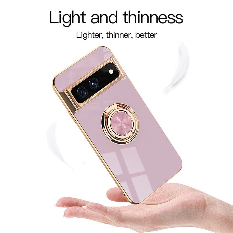 Luxury Plating Silicone Shockproof Phone Case For Google Pixel 8 7 Pro 7A 6A 5A Metal Ring Magnetic Holder Stand Soft Back Cover